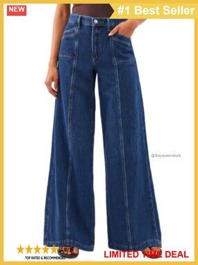 High Rise Wide Leg Stretch Denim Jeans Seam Front Patch Pockets